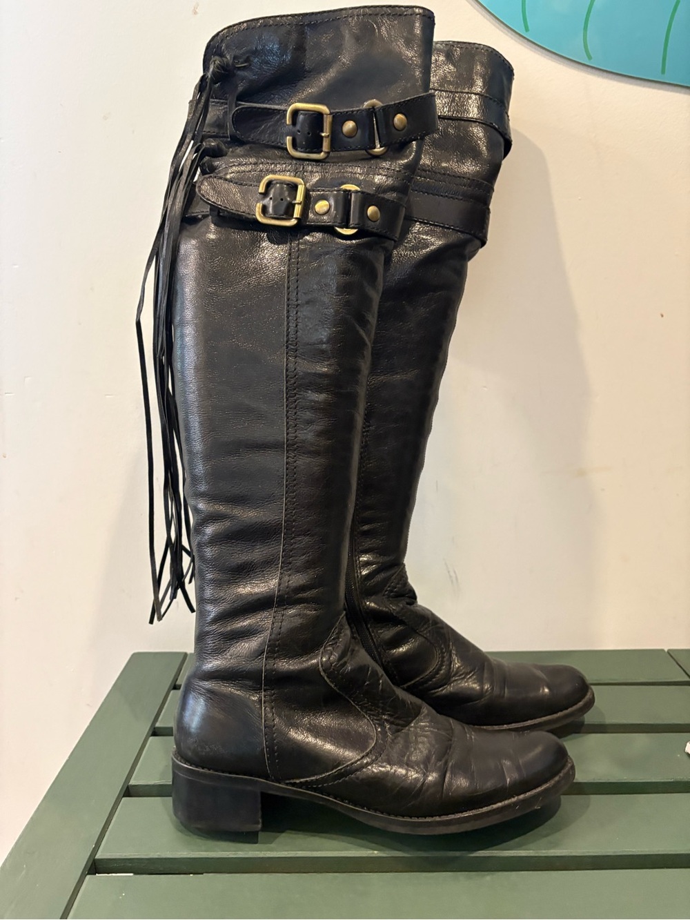 Dune Women’s Black Tall Leather Riding Boots with Buckle Detail